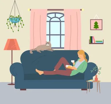 Happy woman relaxing at sofa at home, drinking tea and reading book with cat Stock Illustration