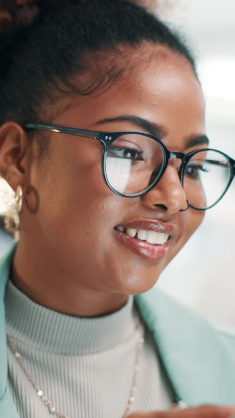 Happy woman, software developer and programming with glasses for problem solving Stock Footage 307413285