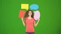 The happy woman stand with a dialog signs on the green background 4k or 4k+ Resolution