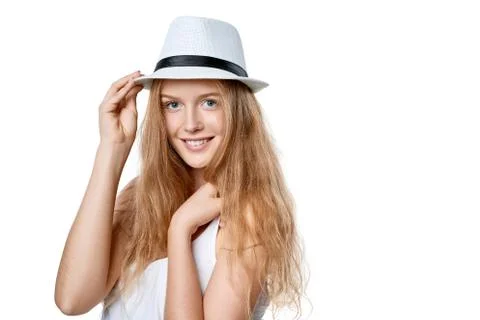 Happy woman in straw hat Stock Photos