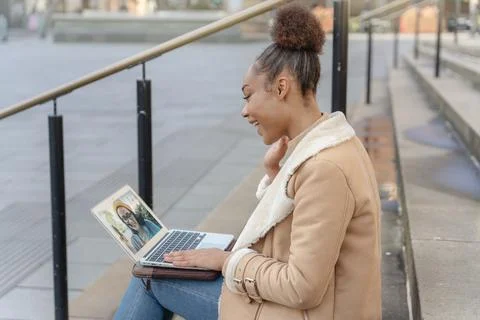 Happy woman student e-learning distance training course study working on st.. Stock Photos