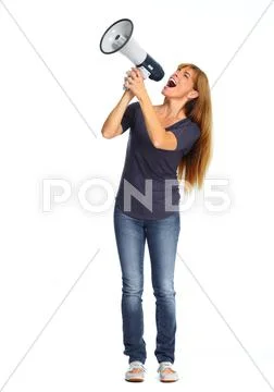 Happy woman talking in megaphone. Stock Photos