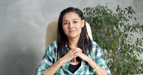 Happy woman talking to web camera making distance online video call. Webcam view Stock Footage 148674091