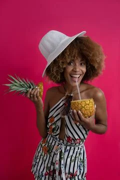 Happy woman on vacation and summer actitud , modelo african american curly hair Stock Photos