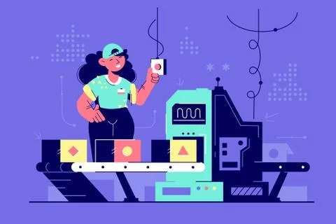 Happy woman at work controlling automatic production. Stock Illustration
