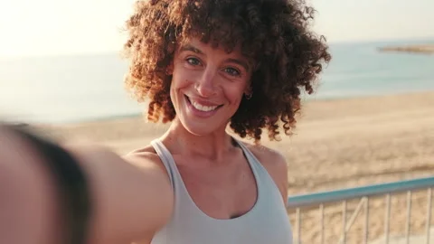 Happy Woman's Beach Selfie After Workout Stock Footage 310016697
