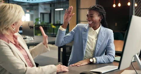 Happy, women and computer with high five for business success, winning or Stock Footage 343365919