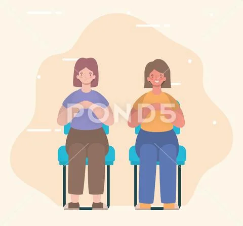 Happy women cartoons sitting on seats vector design ~ Clip Art #130422247