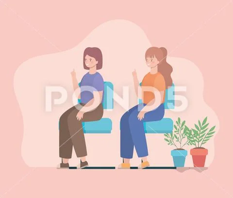 Happy women cartoons sitting on seats vector design: Royalty Free ...