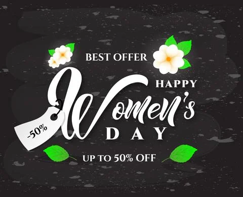 Happy Womens day text design with spring flowers on chalkboard white color wi Stock Illustration