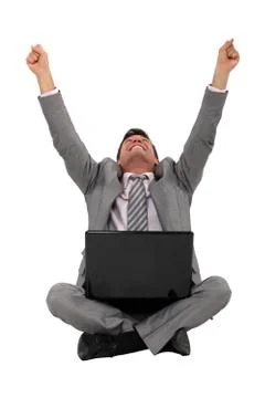 Happy worker in front of computer Stock Photos