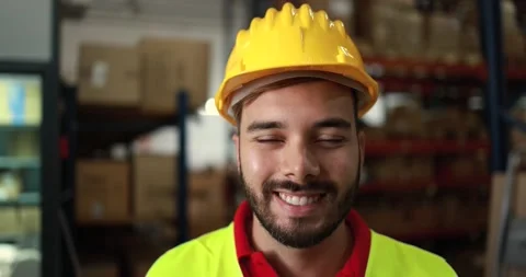 Happy worker man inside delivery boxes warehouse Stock Footage 145434590