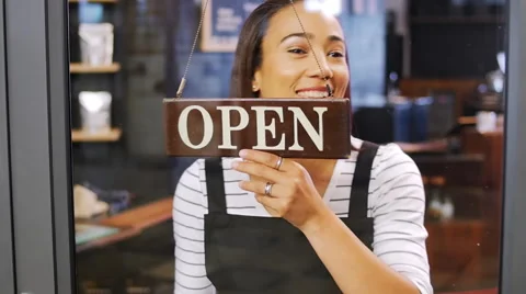 Happy worker opening shop Stock Footage 58124733