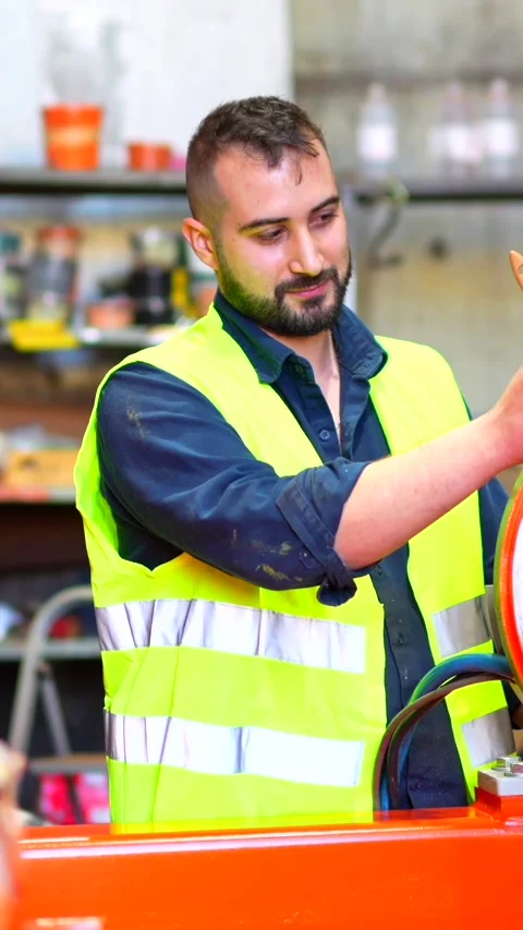 Happy worker painting a part of a robotic arm Stock Footage 258658399