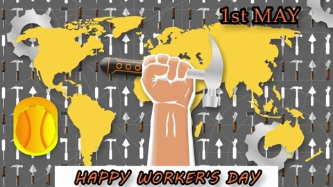 Happy workers day greetings with hammer holding hand and world map background Stockbeeldmateriaal 273247642