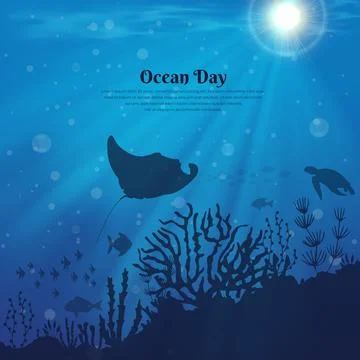 Happy World oceans day background with underwater ocean, shinny light coral, Stock Illustration