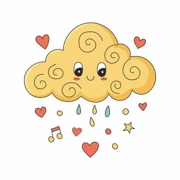 Happy Yellow Swirl Cloud Raining Hearts and Music Notes Stock Illustration