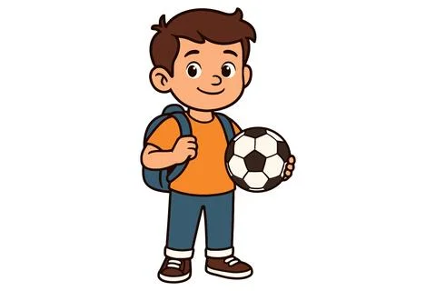 Happy young boy with backpack and soccer ball ready for school Illustrazione stock