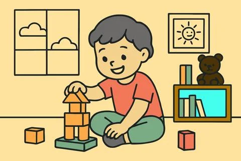 Happy young boy building tower with colorful wooden blocks indoors Stock Illustration