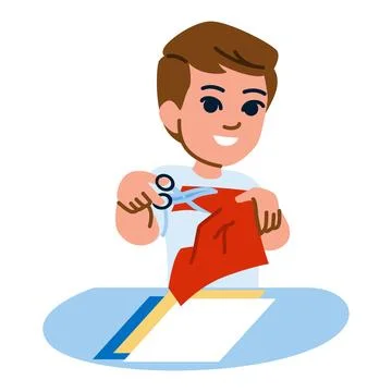Happy young boy concentrating while cutting red construction paper with sciss Stock Illustration