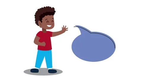 Happy young boy gesturing with hand and bubble for text in simple 2d animat.. Stock Footage 338420932