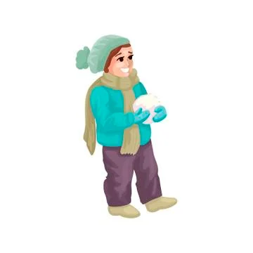 Happy young boy is making snowball. Vector illustration Stock Illustration