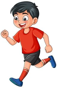 Happy Young Boy Running in Red Shirt and Black Shorts Stock Illustration