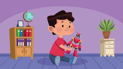 Happy young boy sitting on floor in his room playing with a red robot toy s.. Stock Footage 333545929
