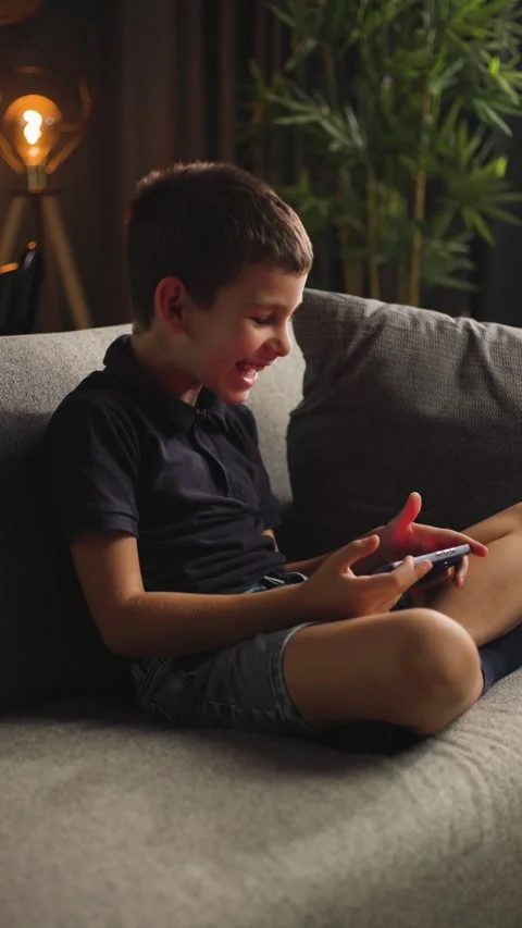 Happy Young Boy Using Smartphone on Sofa Video stock 344146274