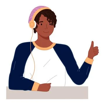 Happy young brunette guy smiling and thumb up. Young man with headphones. Boy in Stock Illustration