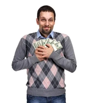 Happy young businessman holding a lot of one hundred dollar bill Stock Photos