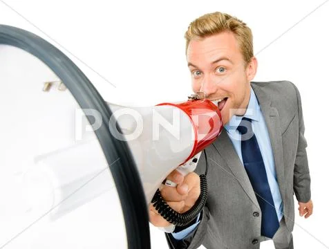 Happy young bussinessman shouting with megaphone on white background Stock Photos