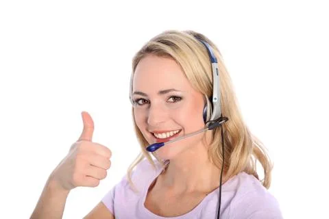 Happy young call operator or receptionist Stock Photos