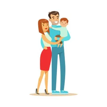 Happy young couple and cute baby boy, father hilding their son colorful Stock Illustration