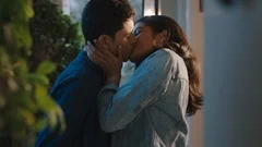 happy teenage couple first kiss girl kis, Stock Video