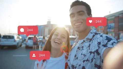 Happy young couple look at camera smile poses vlogger influencer animation with 動画素材 117966408