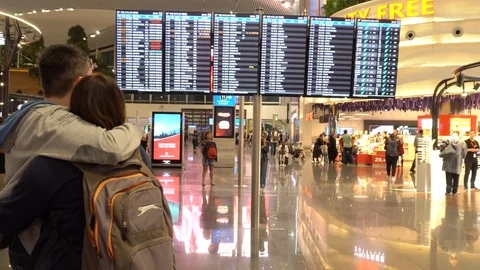 Happy Young couple looking at flight schedule at airport Stock Footage 115171573