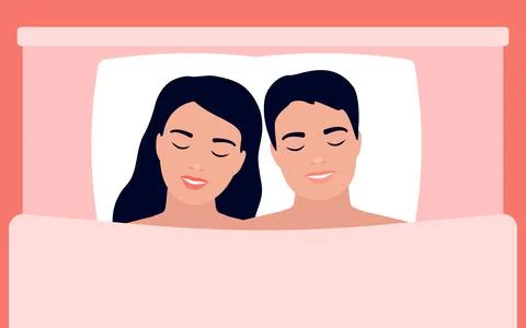 Happy young couple lying in bed together. Intimate love relationship of man and Stock Illustration