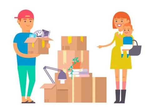 Happy young couple vector flat people moving in new house movement apartment Ilustração Stock
