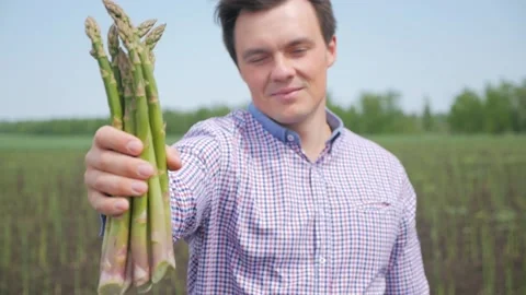Happy young farmer in a blue checked shirt is holding fresh green asparagus look 動画素材 130404546