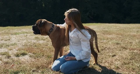 Happy young female cheerfully playing sitting with dog in the lawn. Love and Stock Footage 118158181