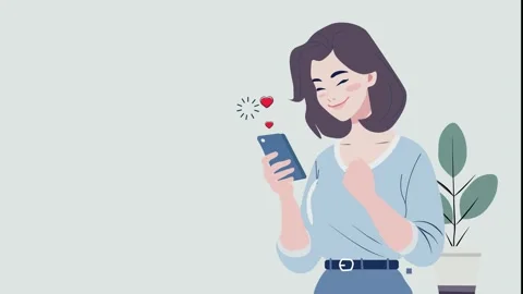Happy Young Female using Smartphone and Smiling with Heart Like Popping fro.. Stock Footage 304094735