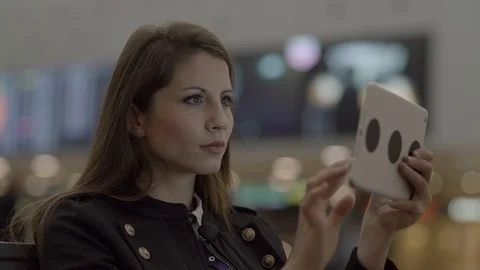 Happy Young Female Using Touchscreen Tablet Computer Device Stock Footage 87715591