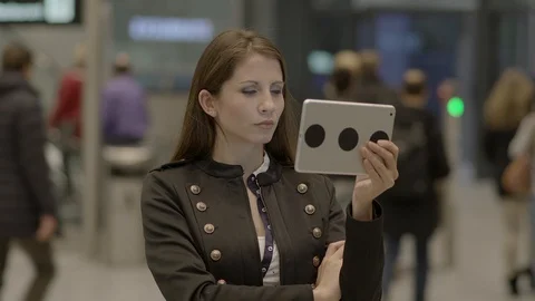 Happy Young Female Using Touchscreen Tablet Computer Device Stock Footage 87717749