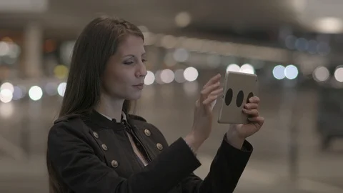 Happy Young Female Using Touchscreen Tablet Computer Device Stock Footage 87718495