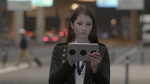 Happy Young Female Using Touchscreen Tablet Computer Device Stock Footage 87718994