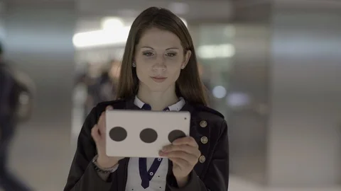 Happy Young Female Using Touchscreen Tablet Computer Device Stock Footage 87732698