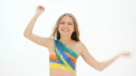 Happy young girl rejoicing success over white Stock Footage