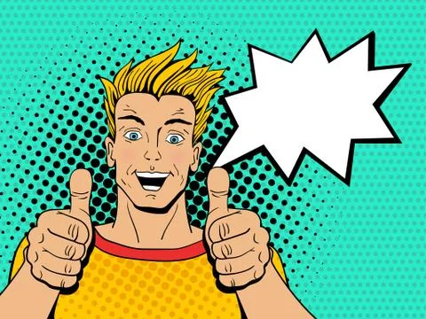 Happy young handsome surprised man shows thumb up with speech bubble Stock Illustration