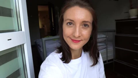 Happy Young Lady Making Vlog, When Stay Safe at Home During Self Isolation Stock Footage 132649004